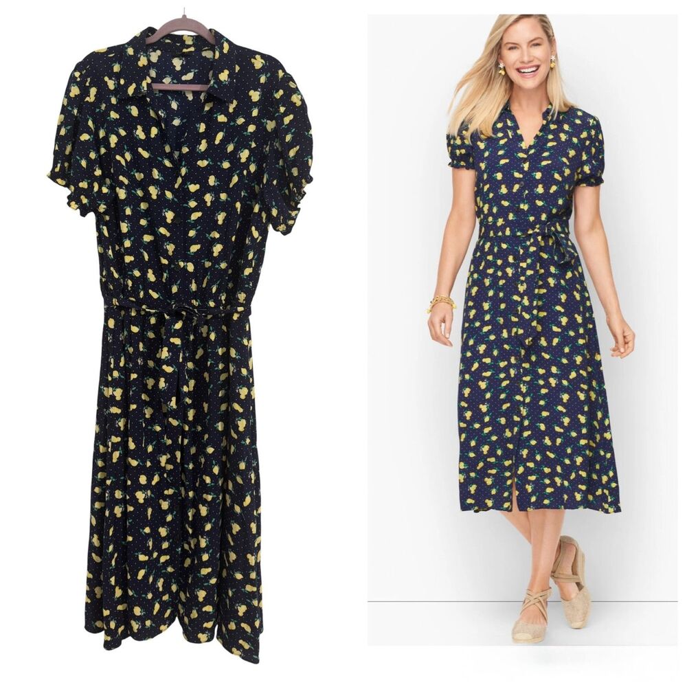 Talbots Shirt Dress 18W Navy Yellow Lemons Button Front Belted Midi Cottage Core